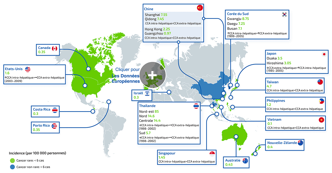 Map of world showing incidence of CCA